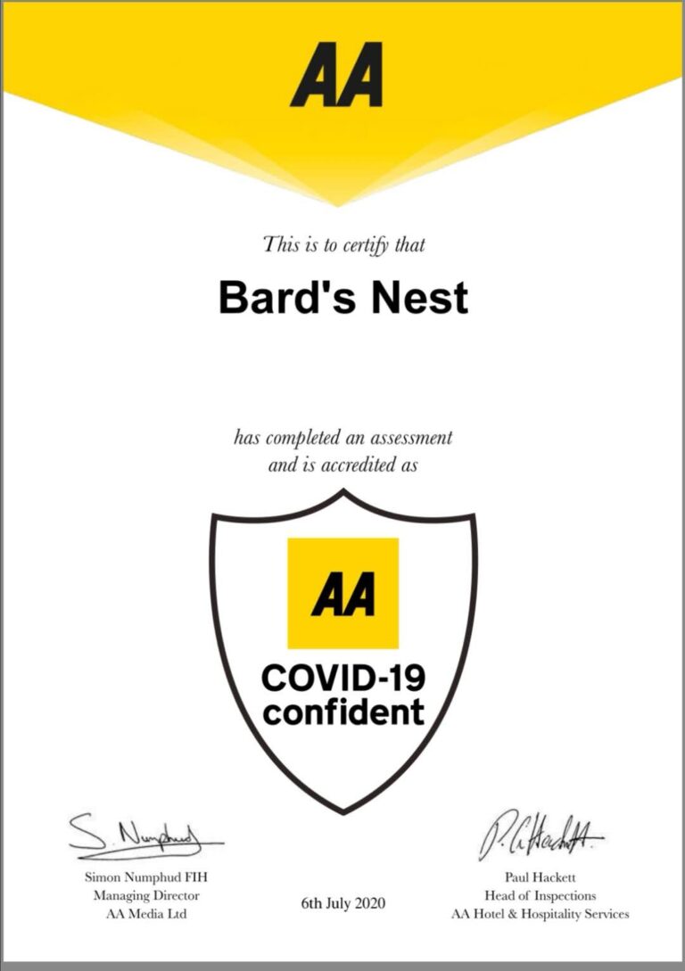 Holiday Accommodation Bard's Nest Stratford-upon-Avon AA COVID Confidence Certificate